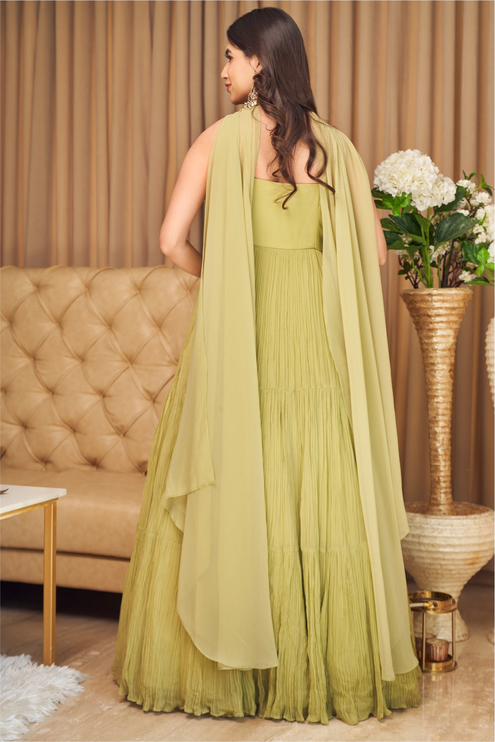 Green Gown In Georgette With Tiered Flare And Floral Embroidery On The Bodice (7954976637174)