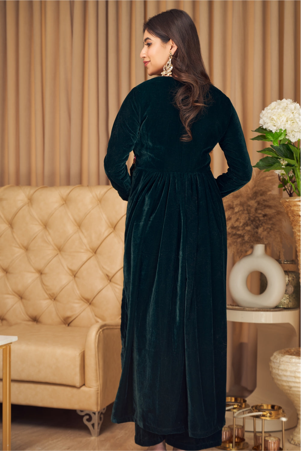 Bottle Green Velvet Straight Fit Kurti with Pants (7954965954806)