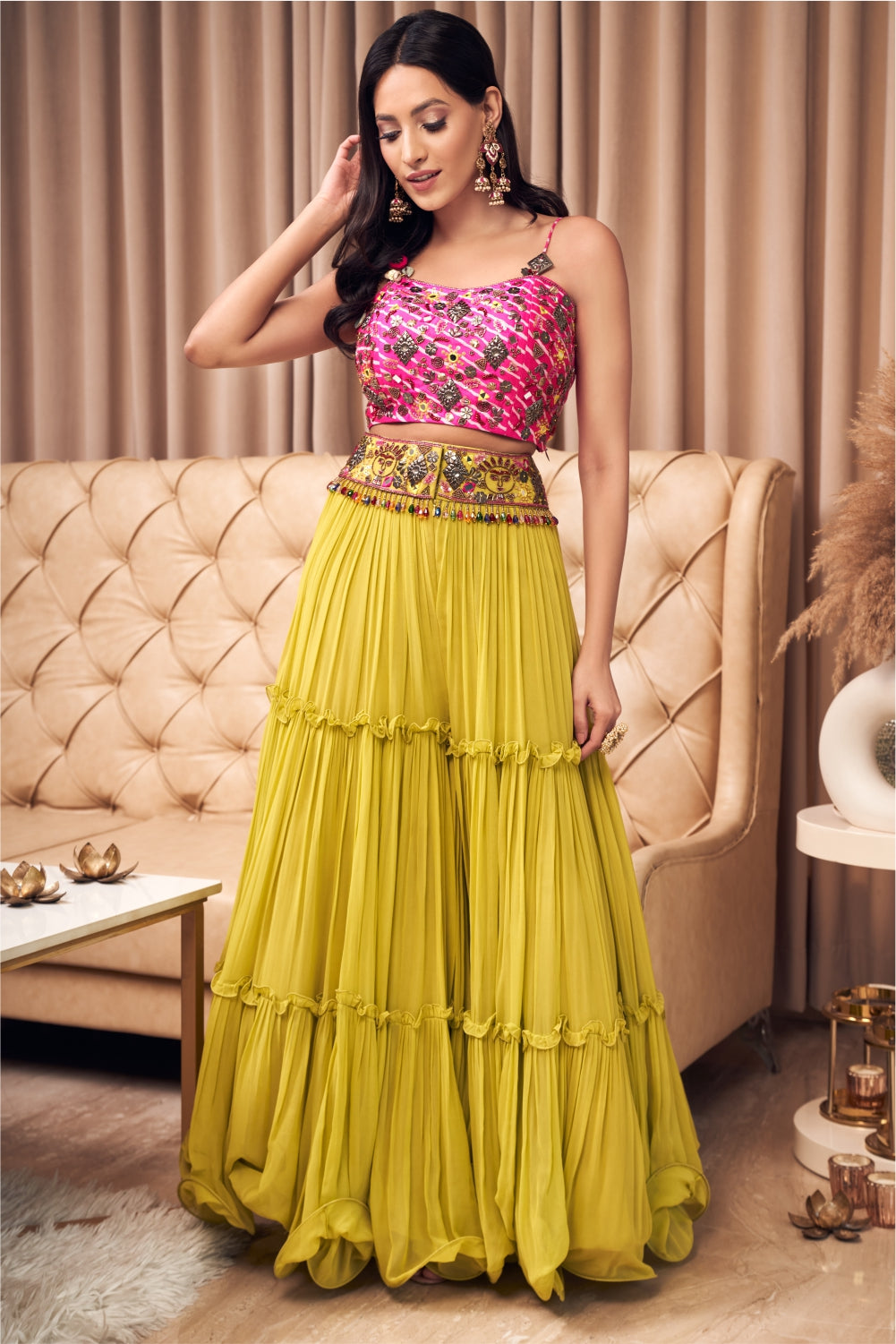 Hot Pink Leheriya Blouse With Sharara Set (7970597404918)