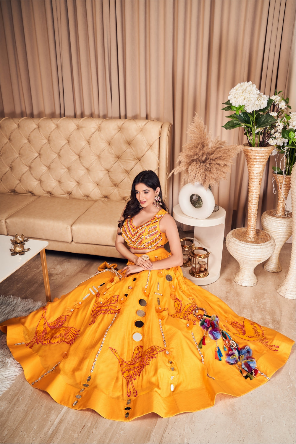 Mustard Lehenga Set Highlighted With Shells And Mirror Work (7970818588918)