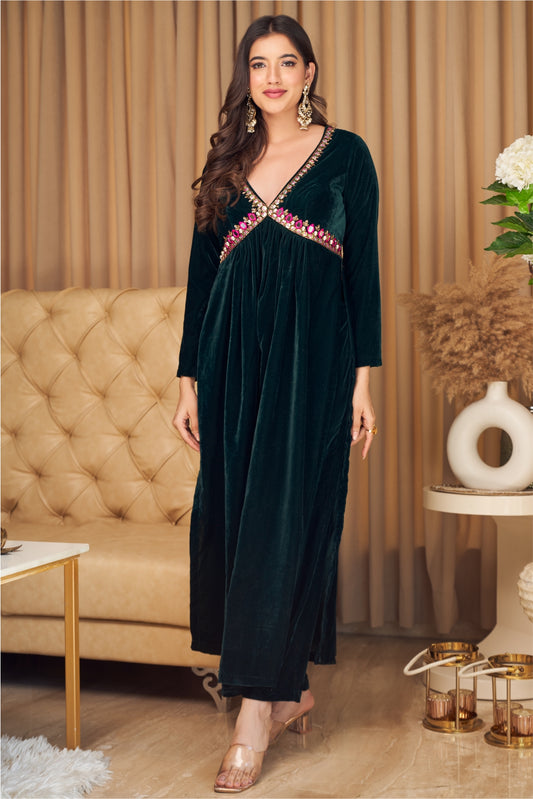 Bottle Green Velvet Straight Fit Kurti with Pants (7954965954806)