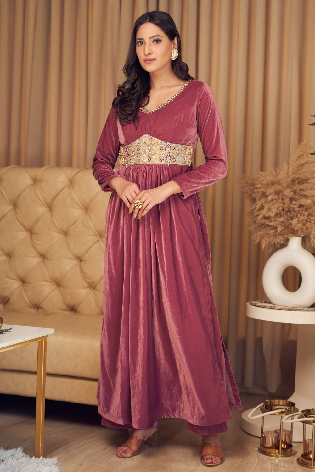 Pink Velvet Straight Fit Kurti with Pants (7954966970614)