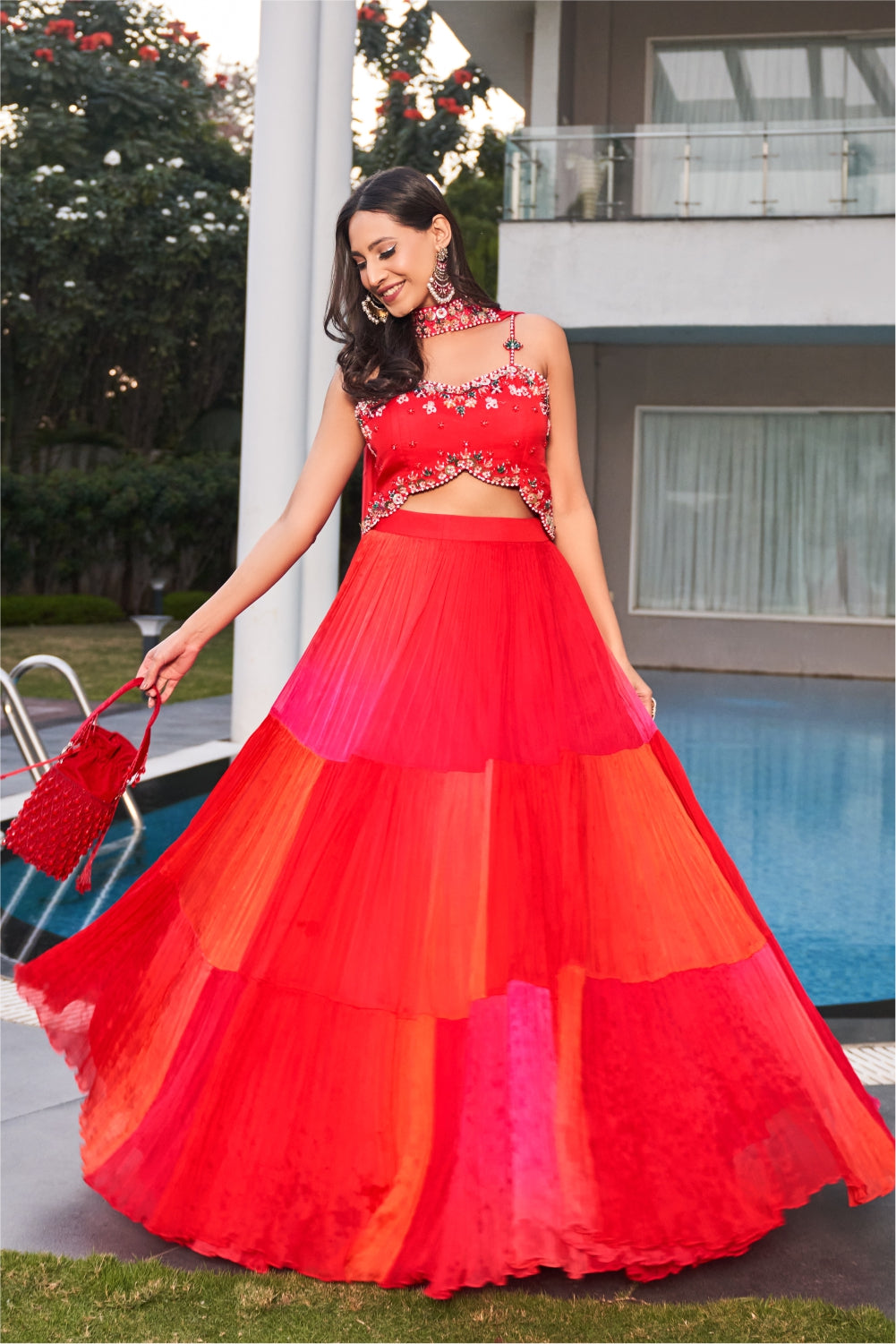 Red Ombre Embroidered blouse With Ruched Tiered Skirt (7962170163446)