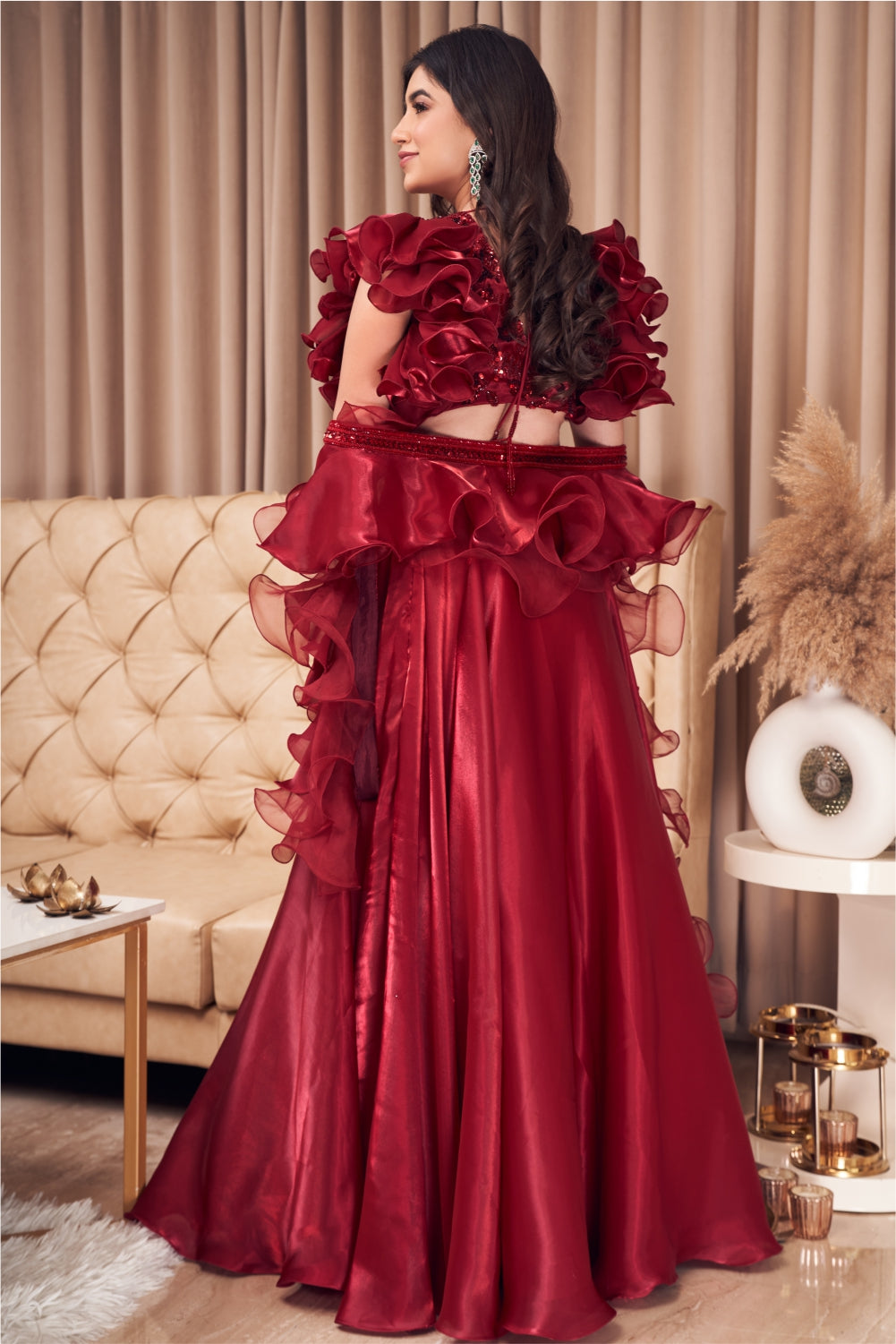 Maroon Embellished Lehenga Set With Ruffle Dupatta (7970596094198)