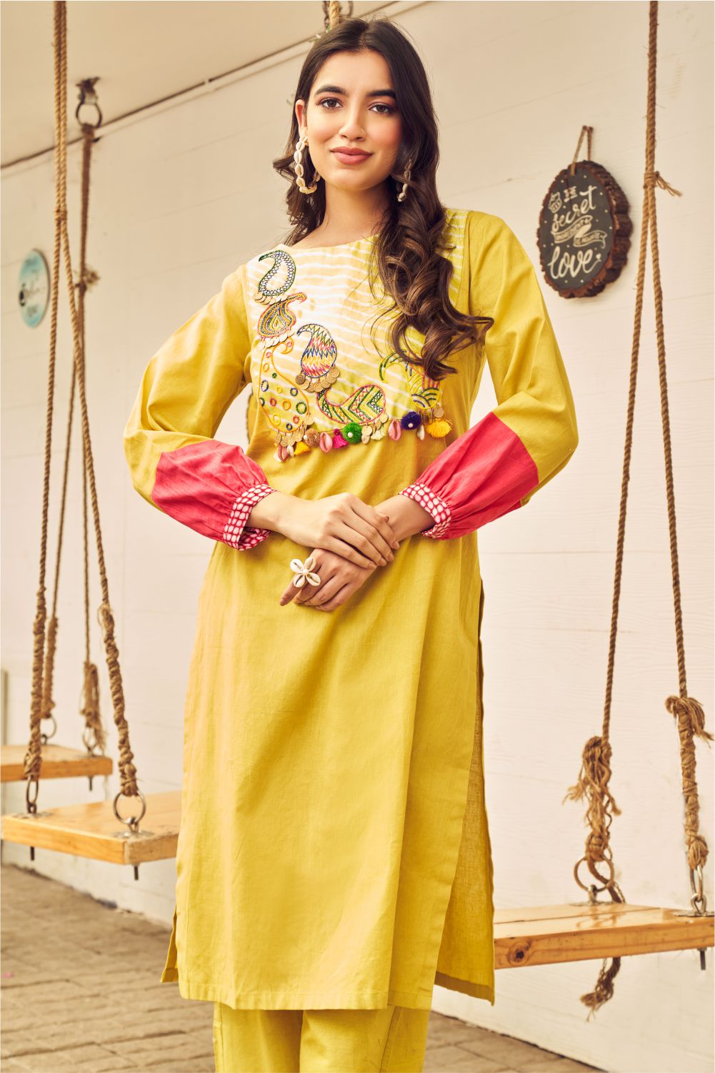 Boho Yellow Linen Kurti Set (8007392887030)