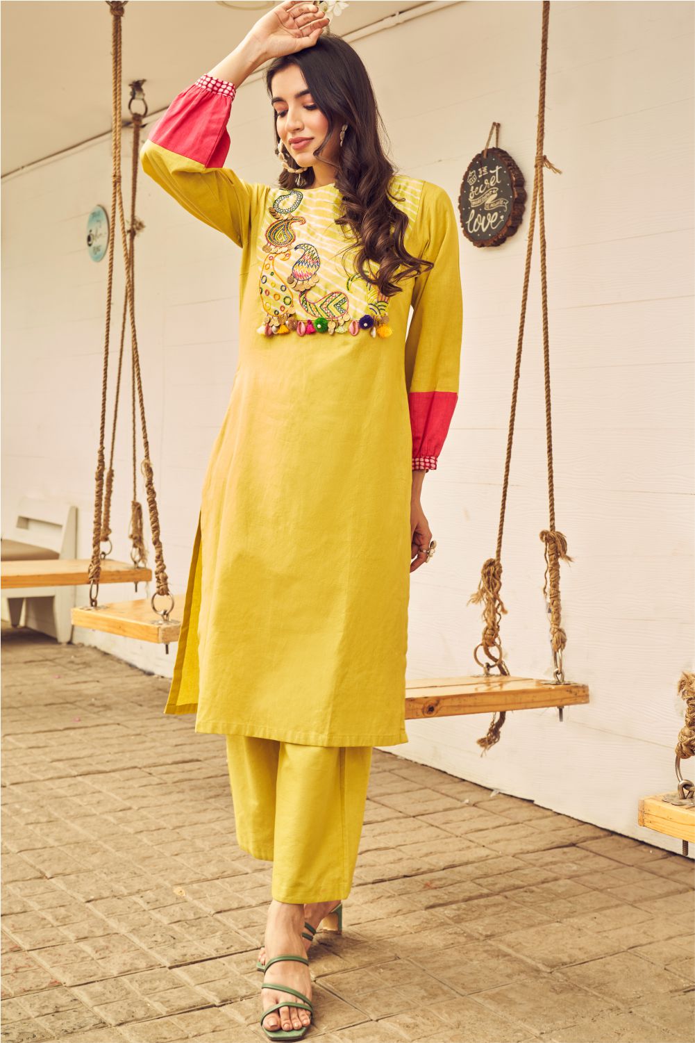 Boho Yellow Linen Kurti Set (8007392887030)