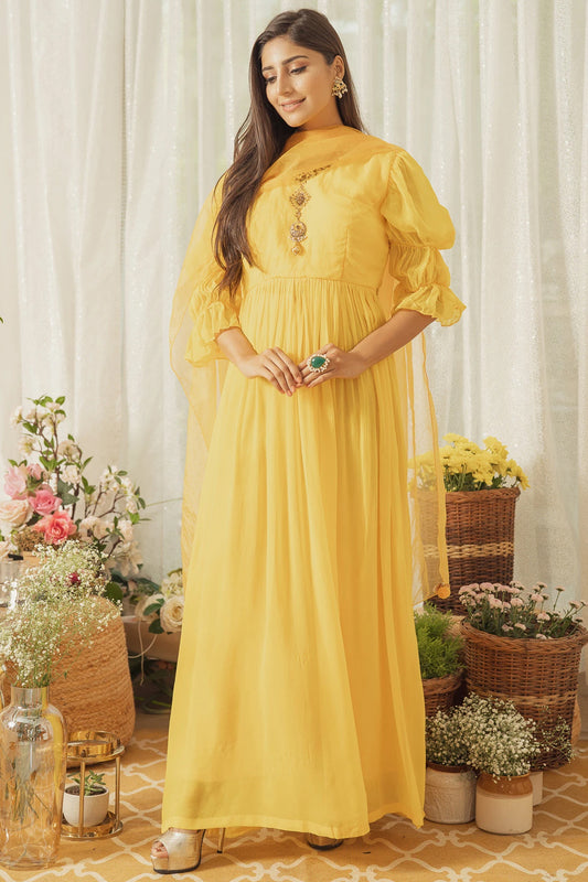 YELLOW PUFF SLEEVES KURTA SET (6928867262647)