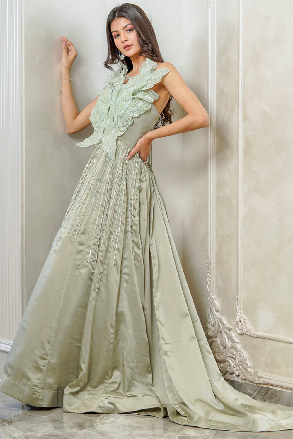 GREEN AND GOLD LEAF EMBELLISHED GOWN (7557940936950)