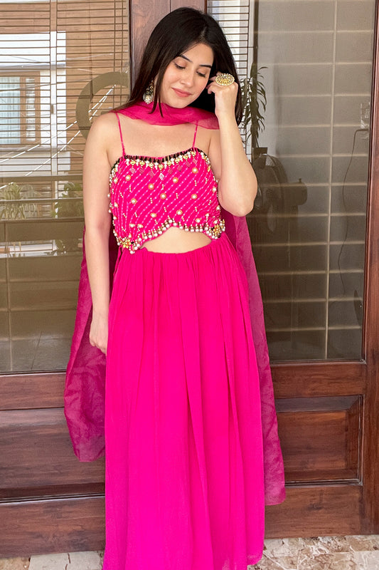 HOT PINK SWEETHEART NECK EMBELLISHED LEHENGA SET (7609991004406)