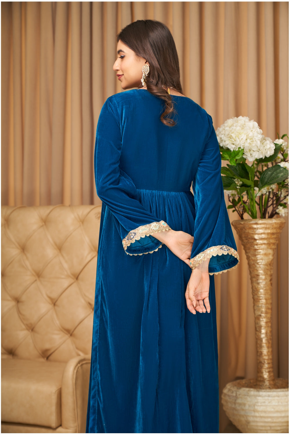 Teal Blue Velvet Straight Fit Kurti with Pants (7954965201142)