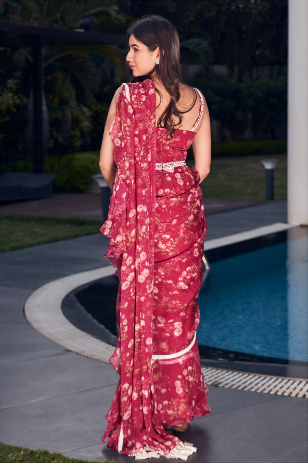 Wine Ruffle Saree With An Embellished Blouse And Belt (7962177011958)