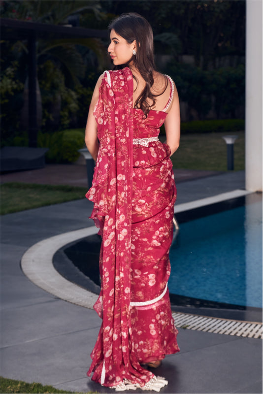 Wine Ruffle Saree With An Embellished Blouse And Belt (7962177011958)