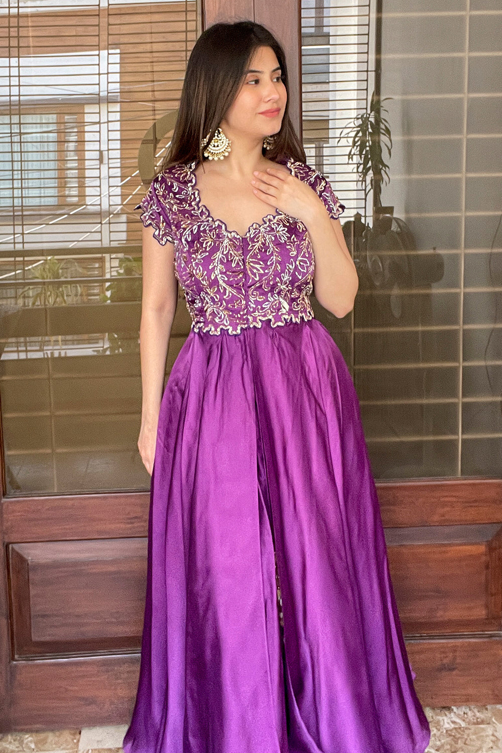 PURPLE SCALLOP EMBELLISHED FLARED GOWN (7609990316278)