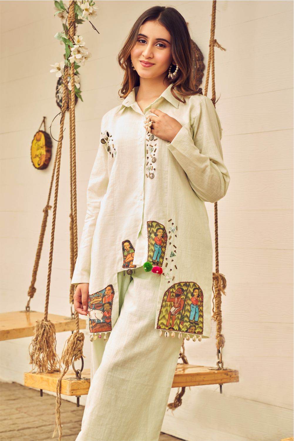 Boho Mint Green Patch Front Cut Shirt With Pants (8007392985334)