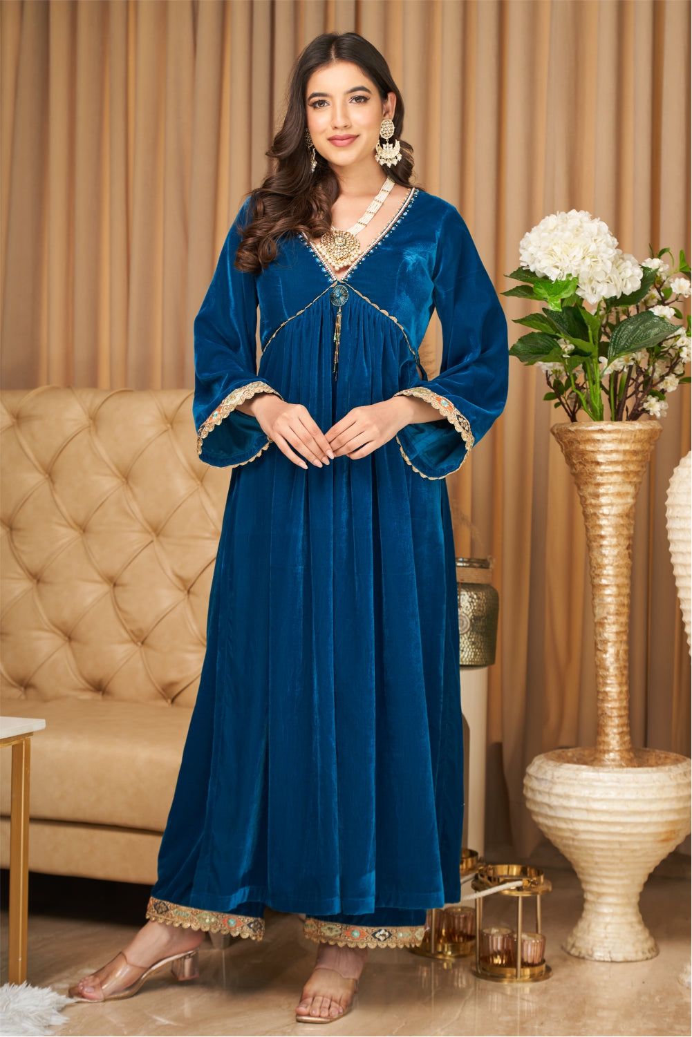 Teal Blue Velvet Straight Fit Kurti with Pants (7954965201142)