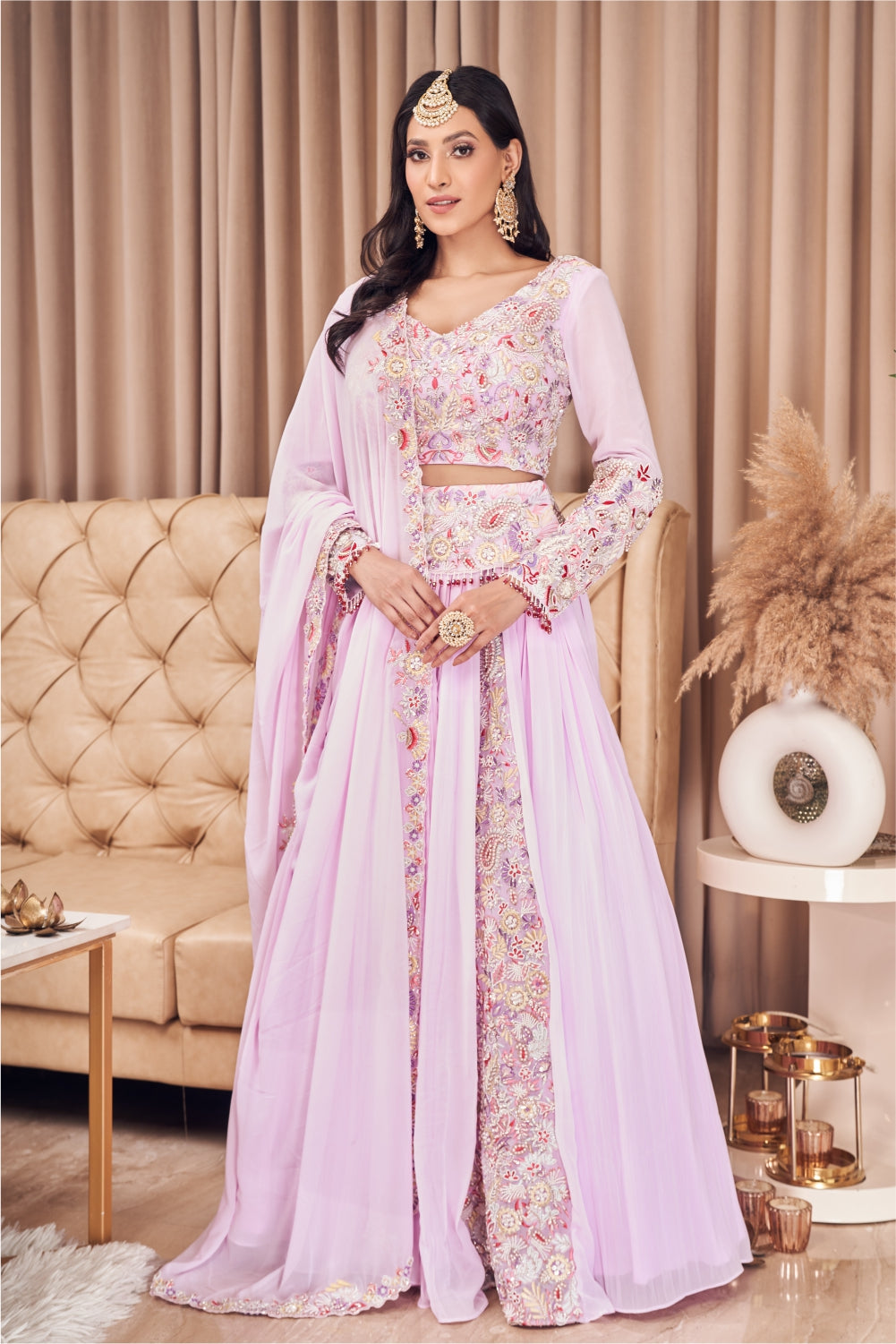 Lilac Gathered Skirt With An Embellished Blouse And Dupatta (7970594455798)