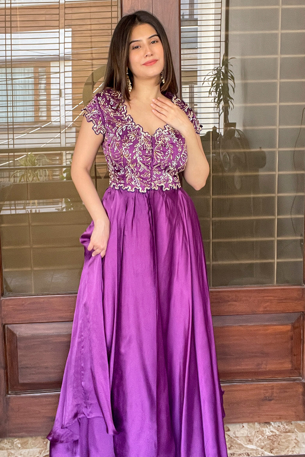 PURPLE SCALLOP EMBELLISHED FLARED GOWN (7609990316278)