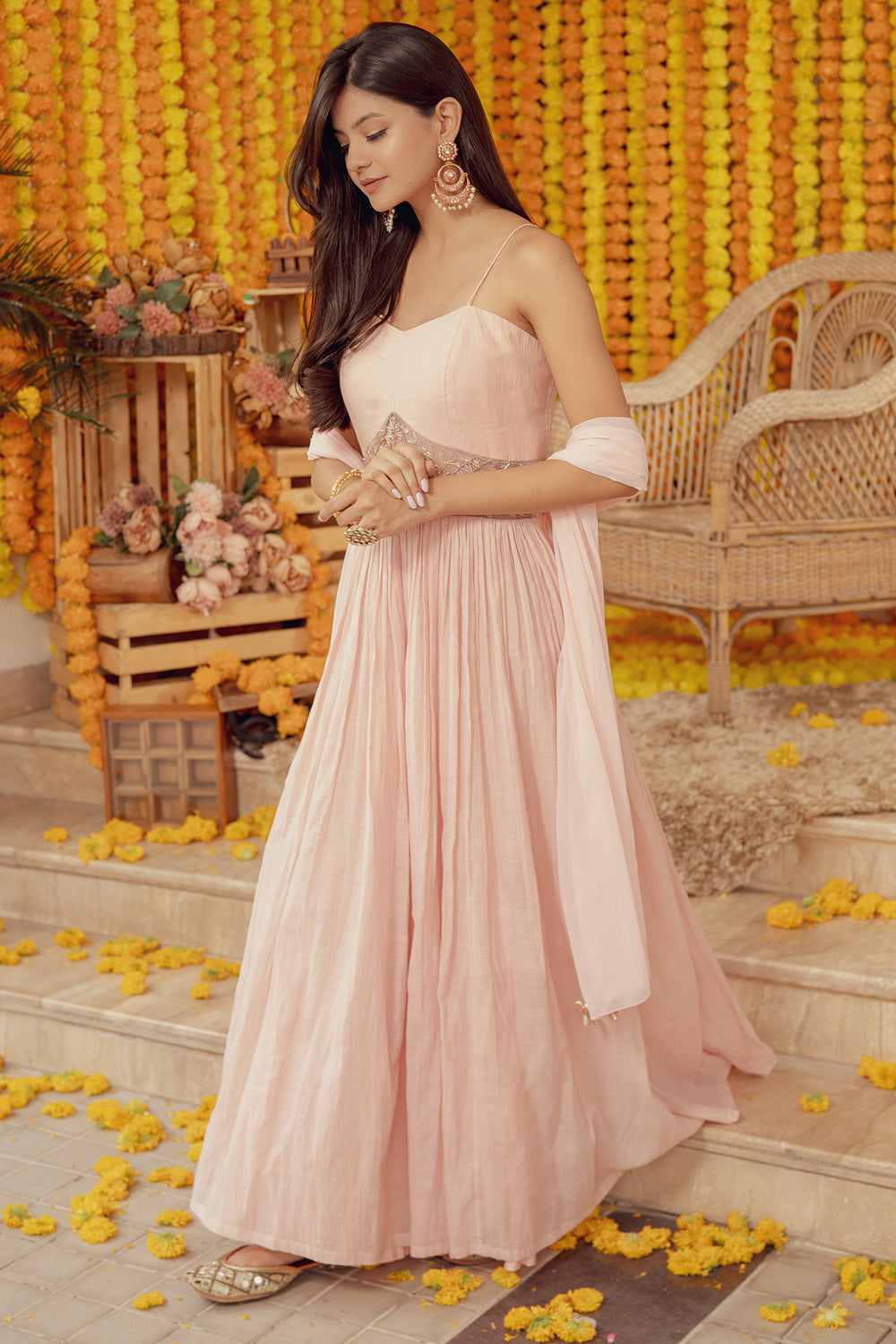 Light Peach Printed Gown With Dupatta and Belt - Label PS'B- Fabilicious  Fashion