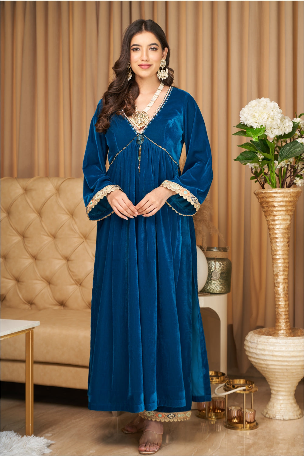 Teal Blue Velvet Straight Fit Kurti with Pants (7954965201142)