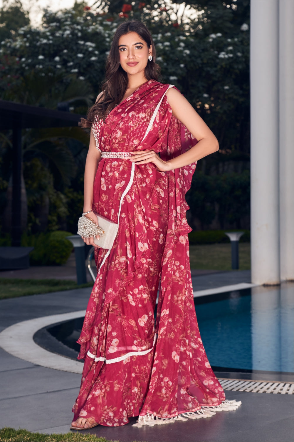 Wine Ruffle Saree With An Embellished Blouse And Belt (7962177011958)