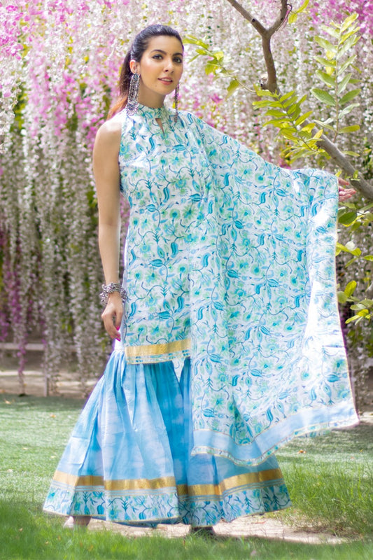 Blue Printed Sharara Set (6967582949559)