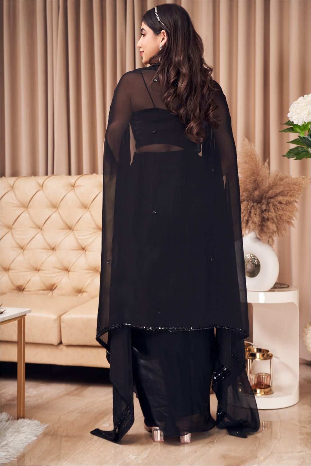 Black Dhoti Cape Set With Embellished Blouse (7971147743478)