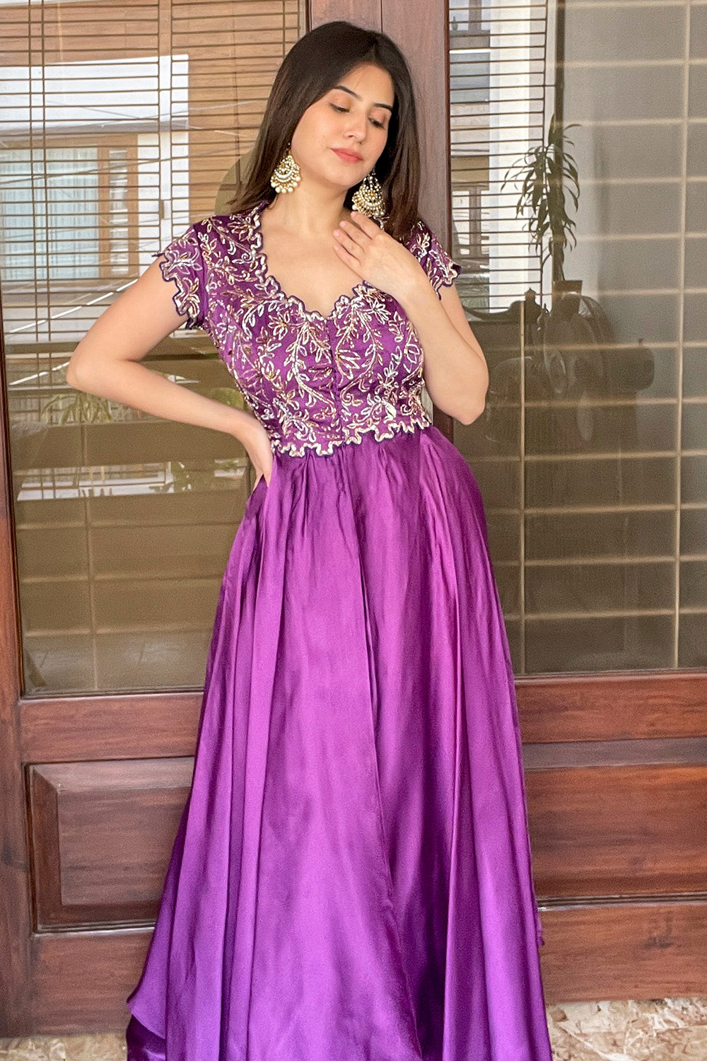 PURPLE SCALLOP EMBELLISHED FLARED GOWN (7609990316278)