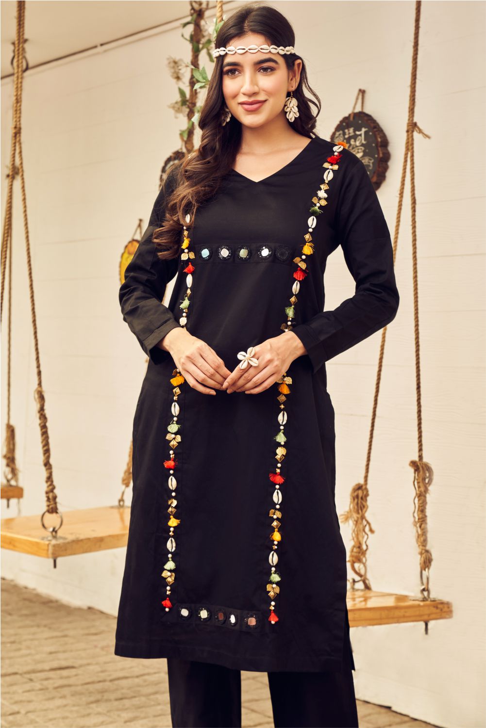 Boho Black Kurti And Pant Set (8007393050870)