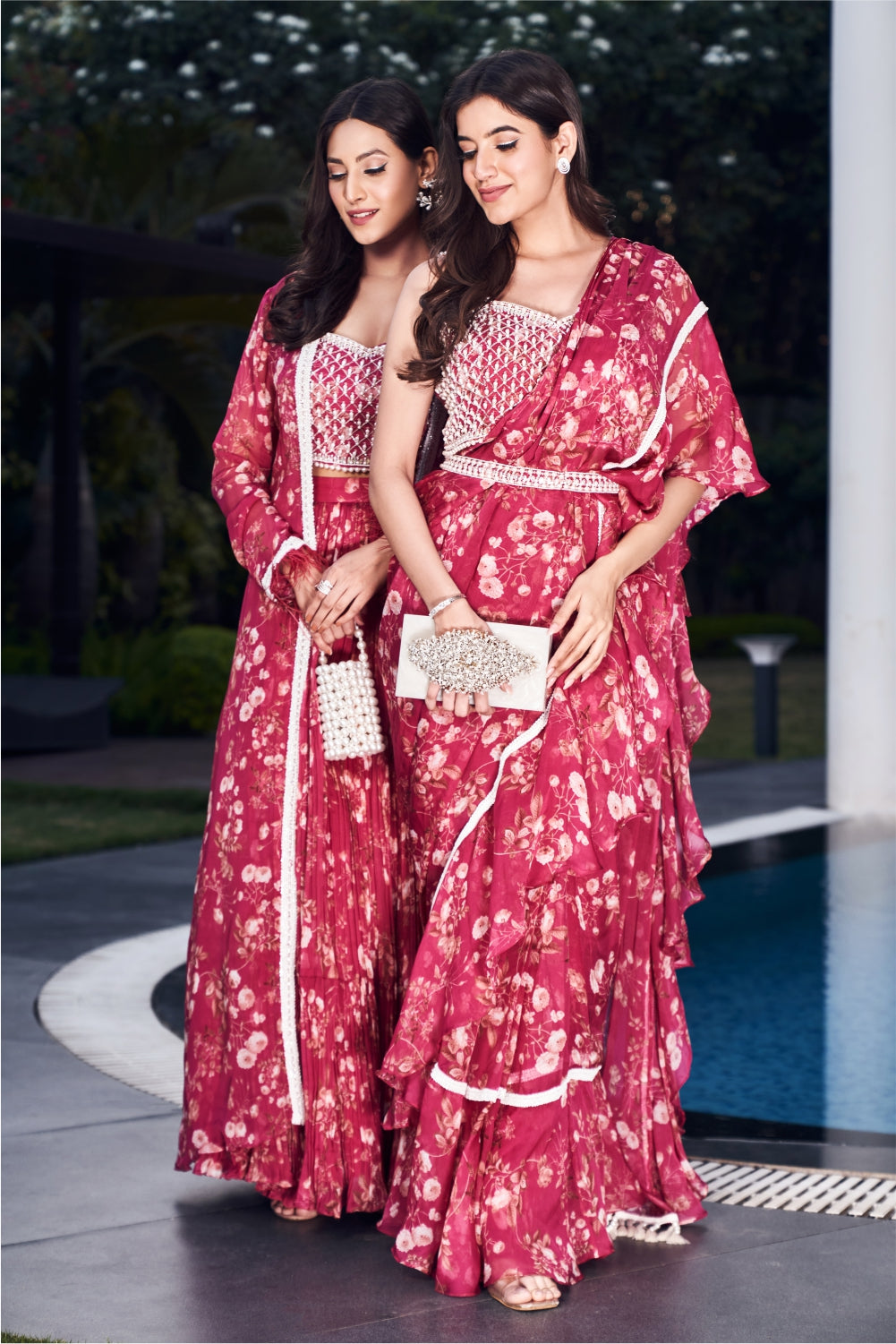 Wine Ruffle Saree With An Embellished Blouse And Belt (7962177011958)