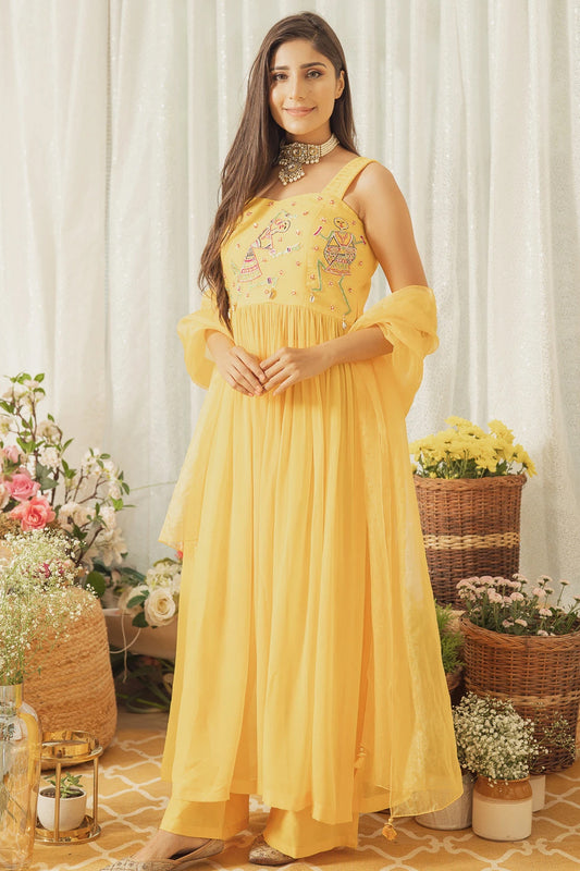 YELLOW ANTIQUE FIGURES KURTA SET (6928897147063)