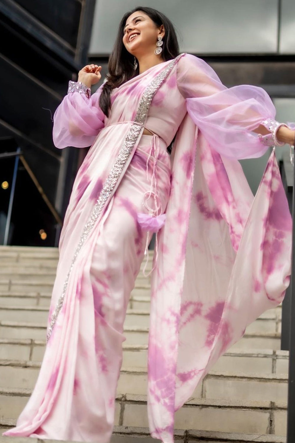 SAMRIDHI DHILLON IN LILAC TIE DYE READY TO WEAR SAREE (7559329644790)