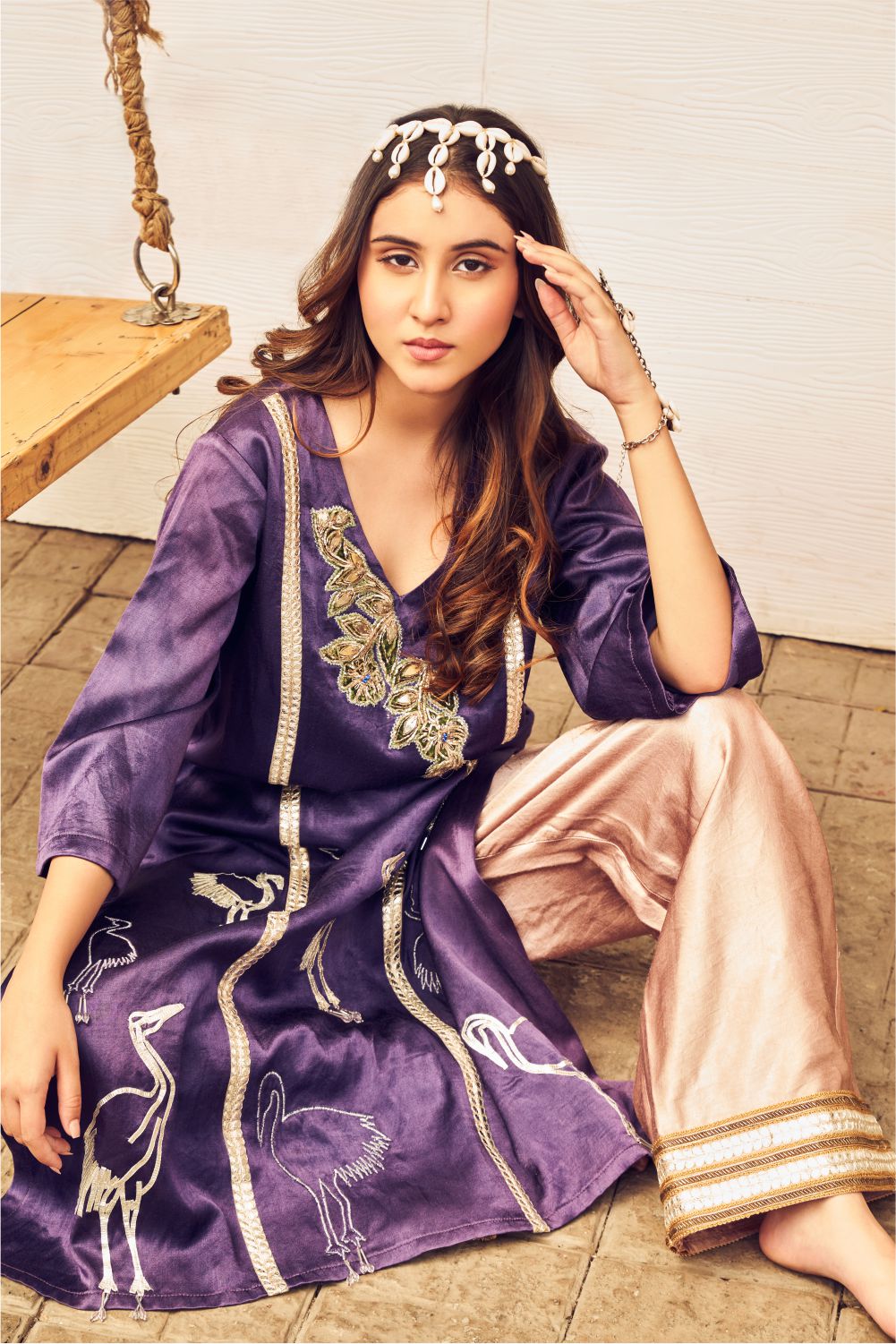 Boho Purple Flamingo Embroidered Kurti With Pants (8007392067830)