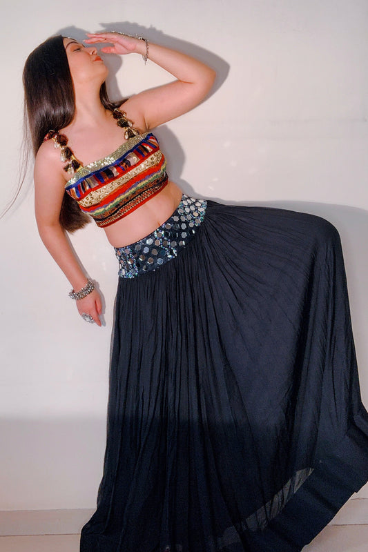 BLACK MULTICOLORED TOP AND SKIRT SET (6925844775095)