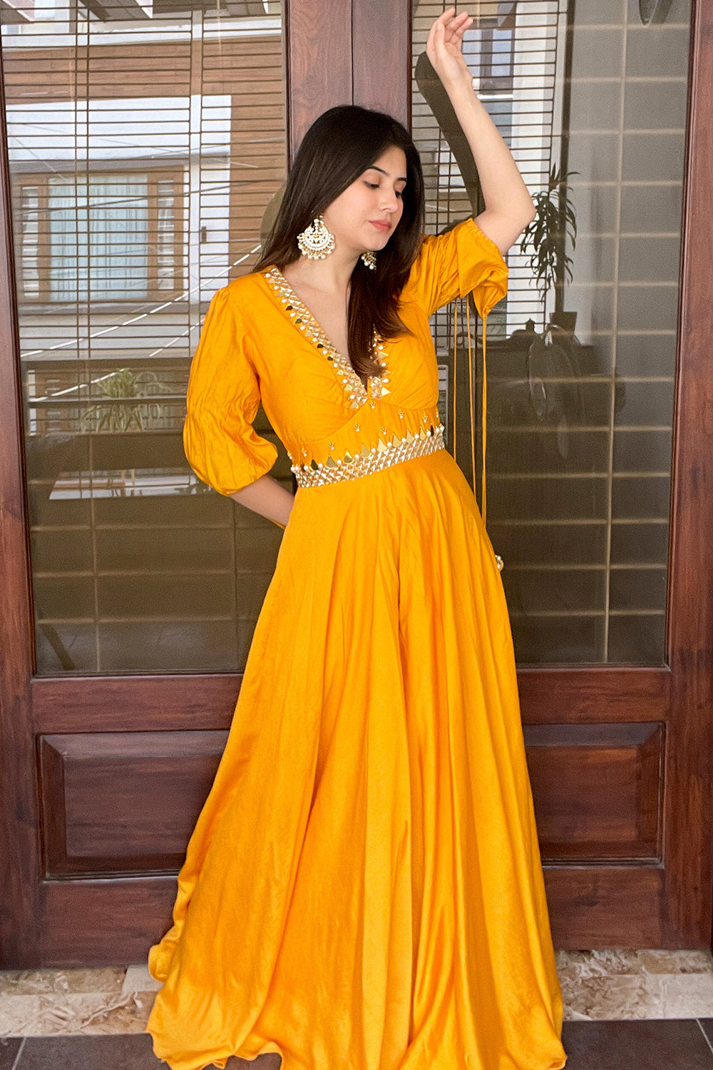 YELLOW V NECK EMBELLISHED FLARED GOWN (7609880805622)