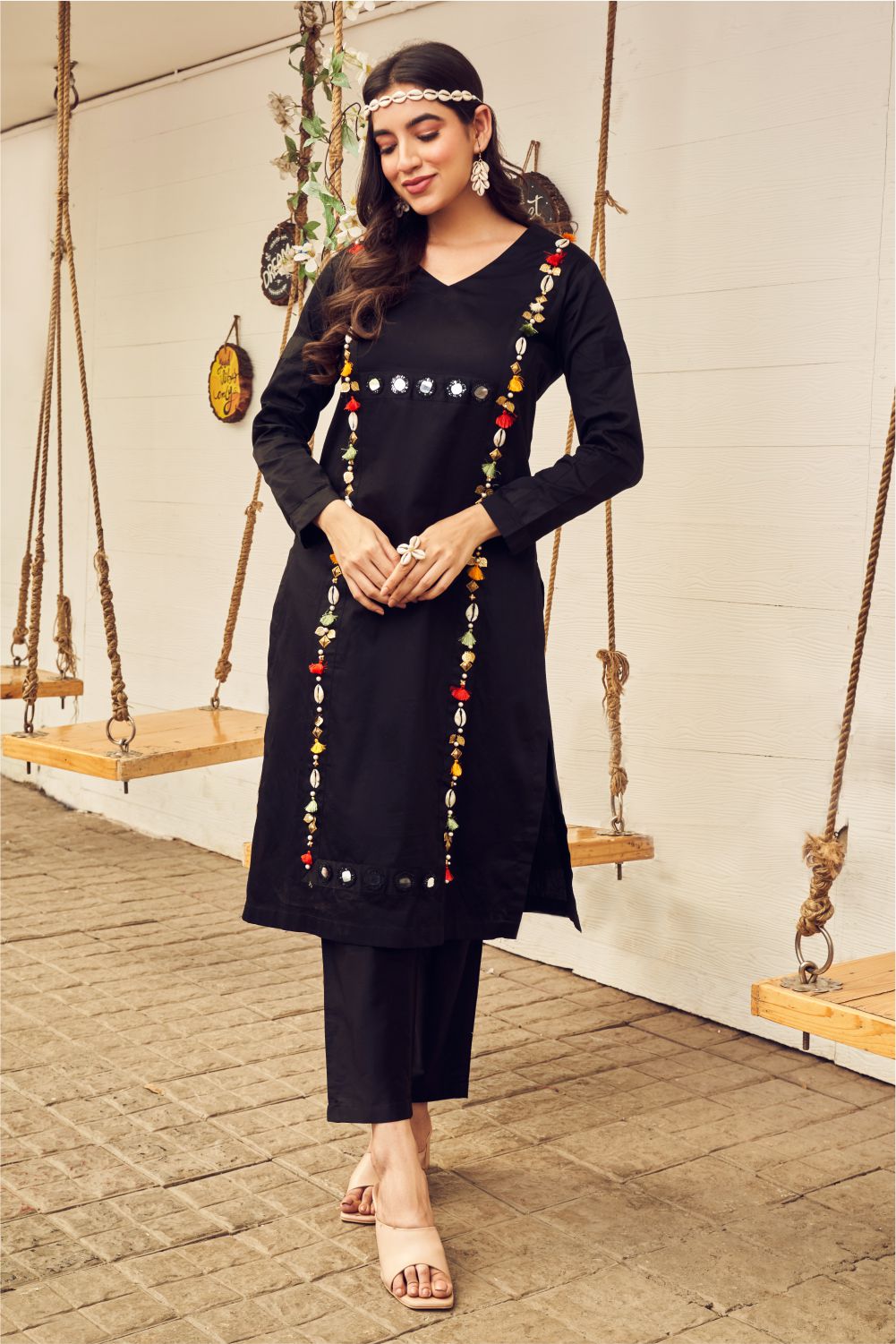 Boho Black Kurti And Pant Set (8007393050870)