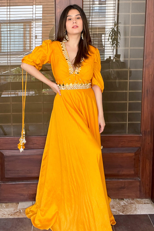 YELLOW V NECK EMBELLISHED FLARED GOWN (7609880805622)