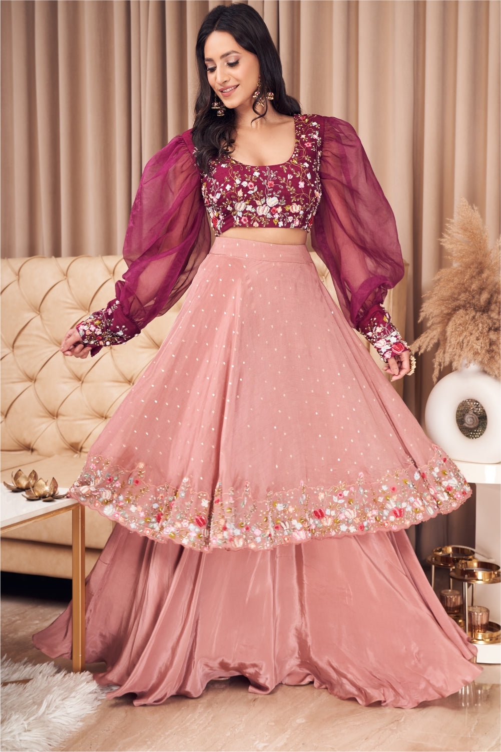 Rose Gold Layered Skirt With A Wine Embellished Blouse (7970589704438)