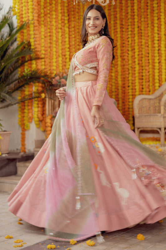 PINK FLORAL PRINT EMBELLISHED LEHENGA SET (7759057060086)