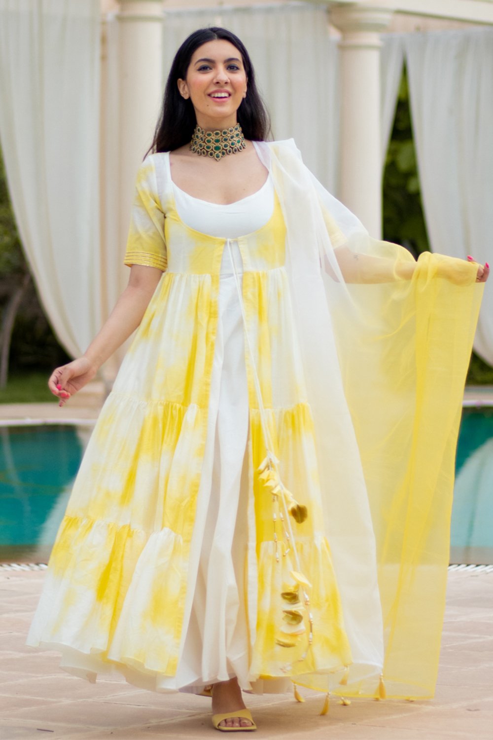 Yellow Tie Dye Jacket Kurti & Dupatta (6967578296503)