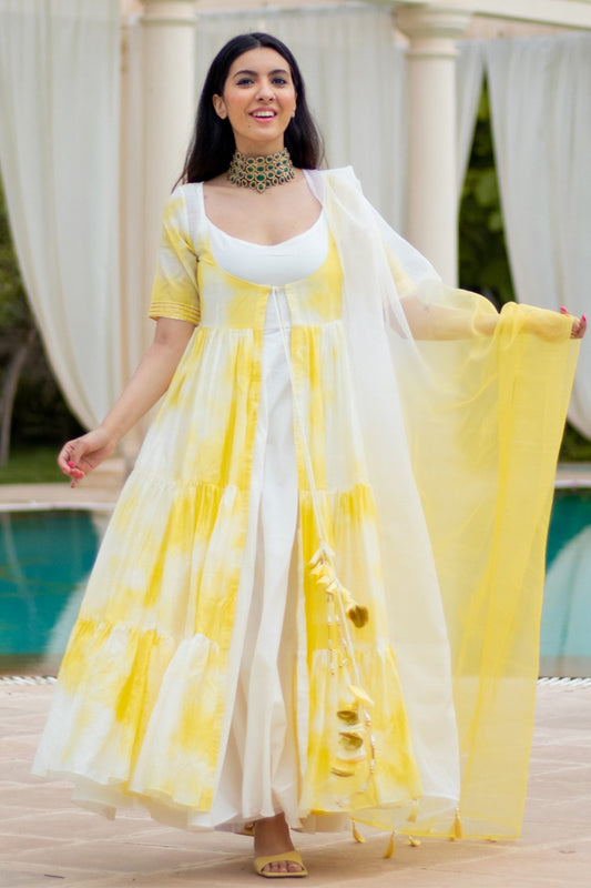 Yellow Tie Dye Jacket Kurti & Dupatta (6967578296503)