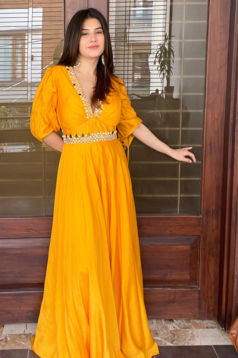 YELLOW V NECK EMBELLISHED FLARED GOWN (7609880805622)