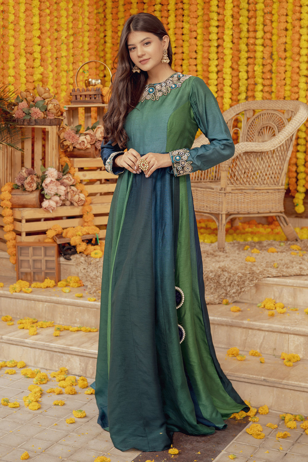 GREEN OMBRE EMBELLISHED FIT AND FLARE DRESS WITH TASSELS (7758598373622)