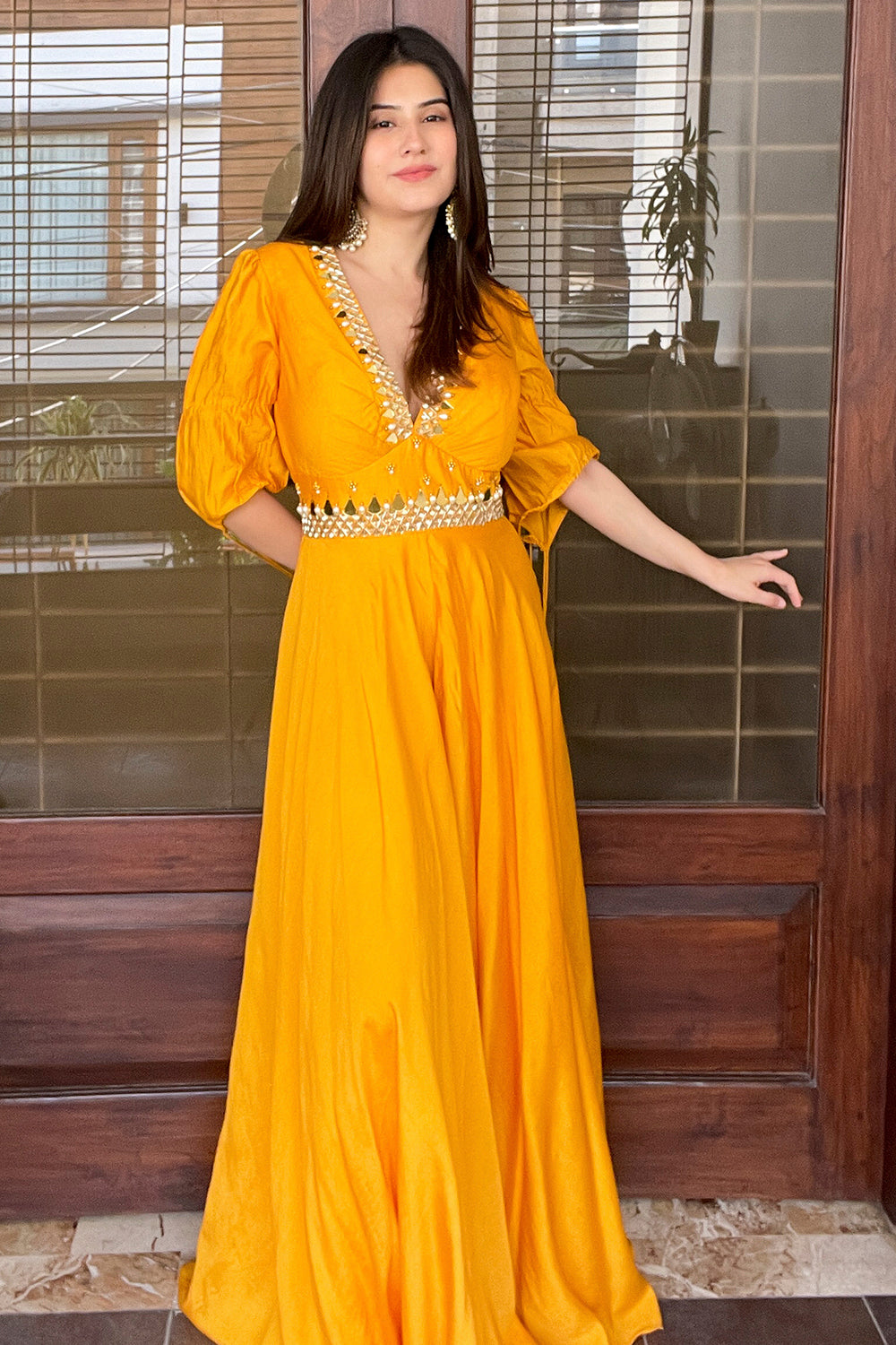 YELLOW V NECK EMBELLISHED FLARED GOWN (7609880805622)
