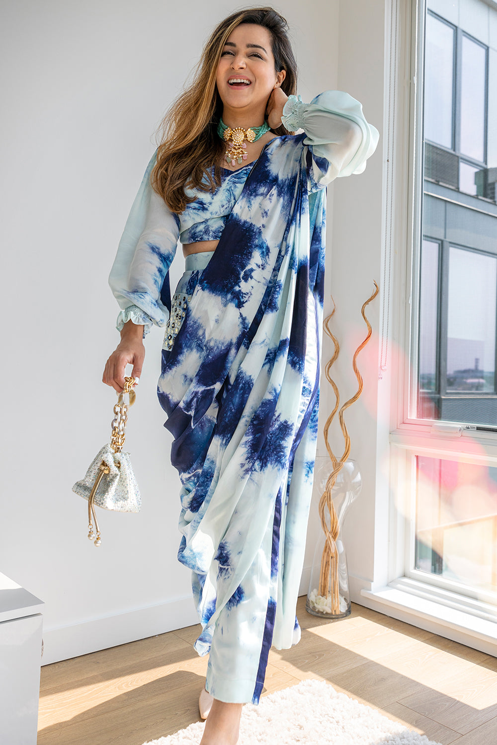 Blue Tie Dye Pant Saree (6967575806135)