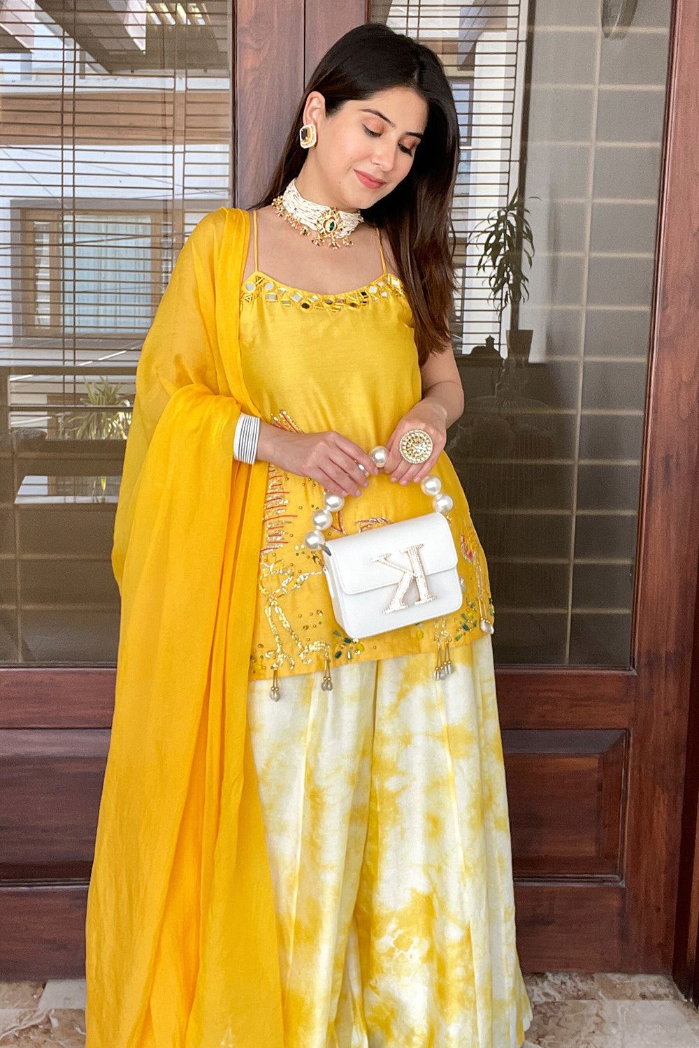 YELLOW EMBELLISHED TIE DYE PALAZZO SET (7609880051958)