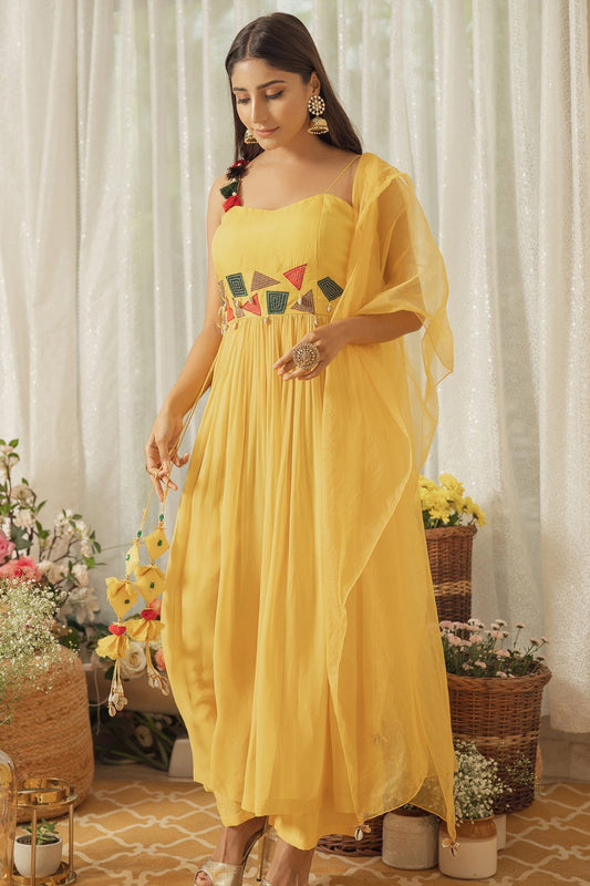 YELLOW THREAD WORK KURTA SET (6926675509431)