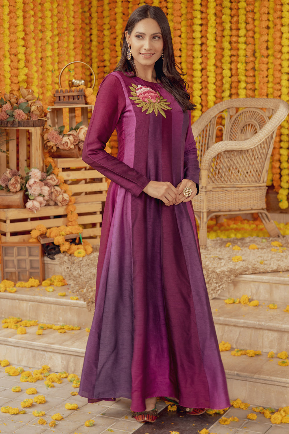 PURPLE OMBRE FLORAL EMBELLISHED FIT AND FLARE DRESS WITH TASSELS (7758604730614)