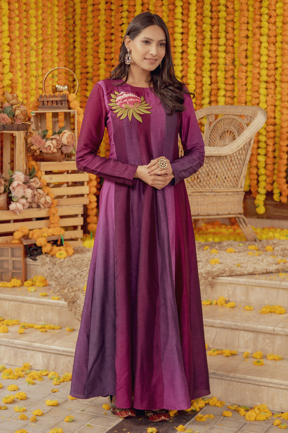 PURPLE OMBRE FLORAL EMBELLISHED FIT AND FLARE DRESS WITH TASSELS (7758604730614)