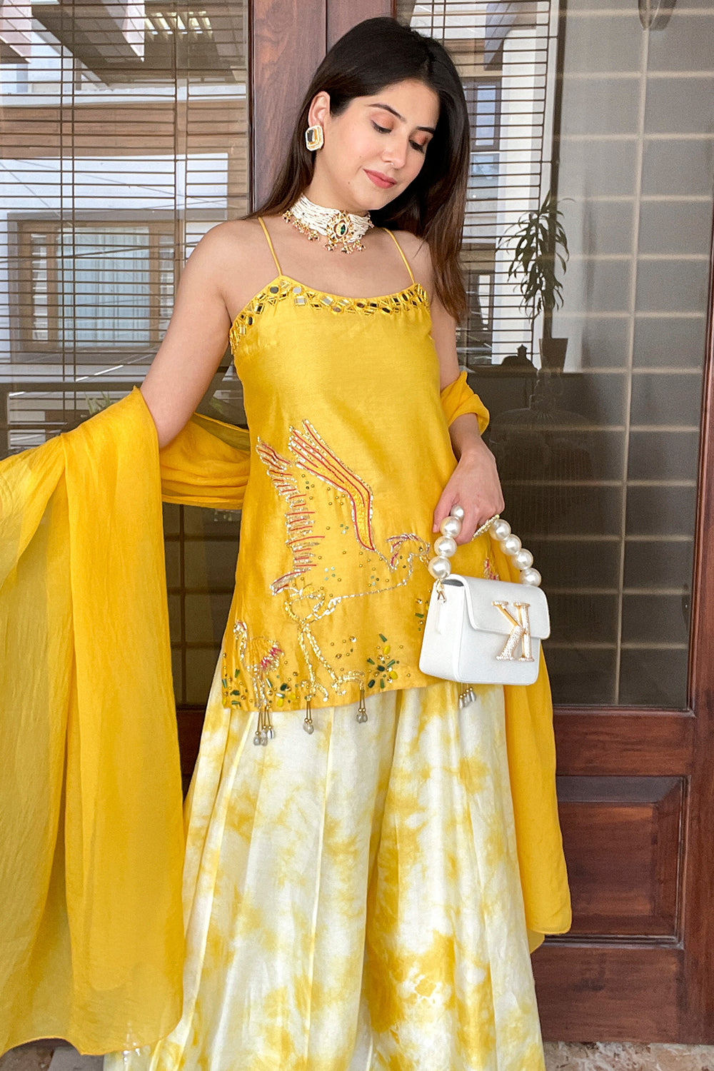 YELLOW EMBELLISHED TIE DYE PALAZZO SET (7609880051958)