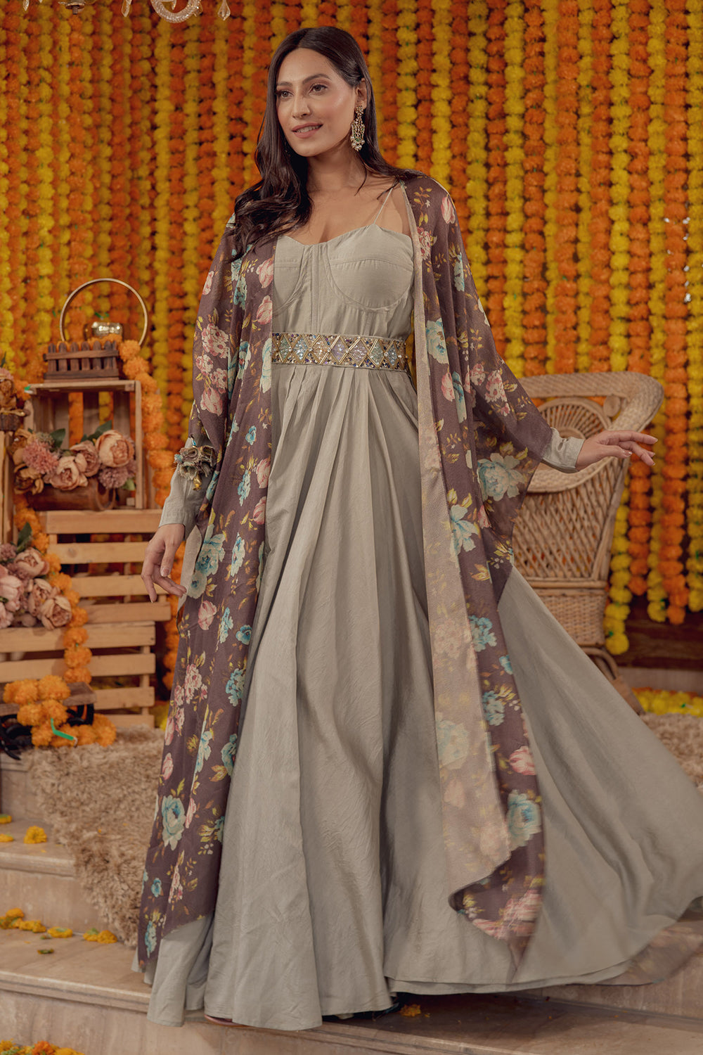 GREY CORSET FIT AND FLARE GOWN WITH FLORAL PRINT CAPE (7759088877814)